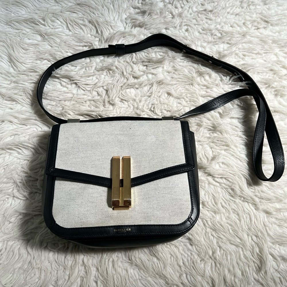 Classic Canvas & Black Leather Crossbody Bag with Gold Hardware